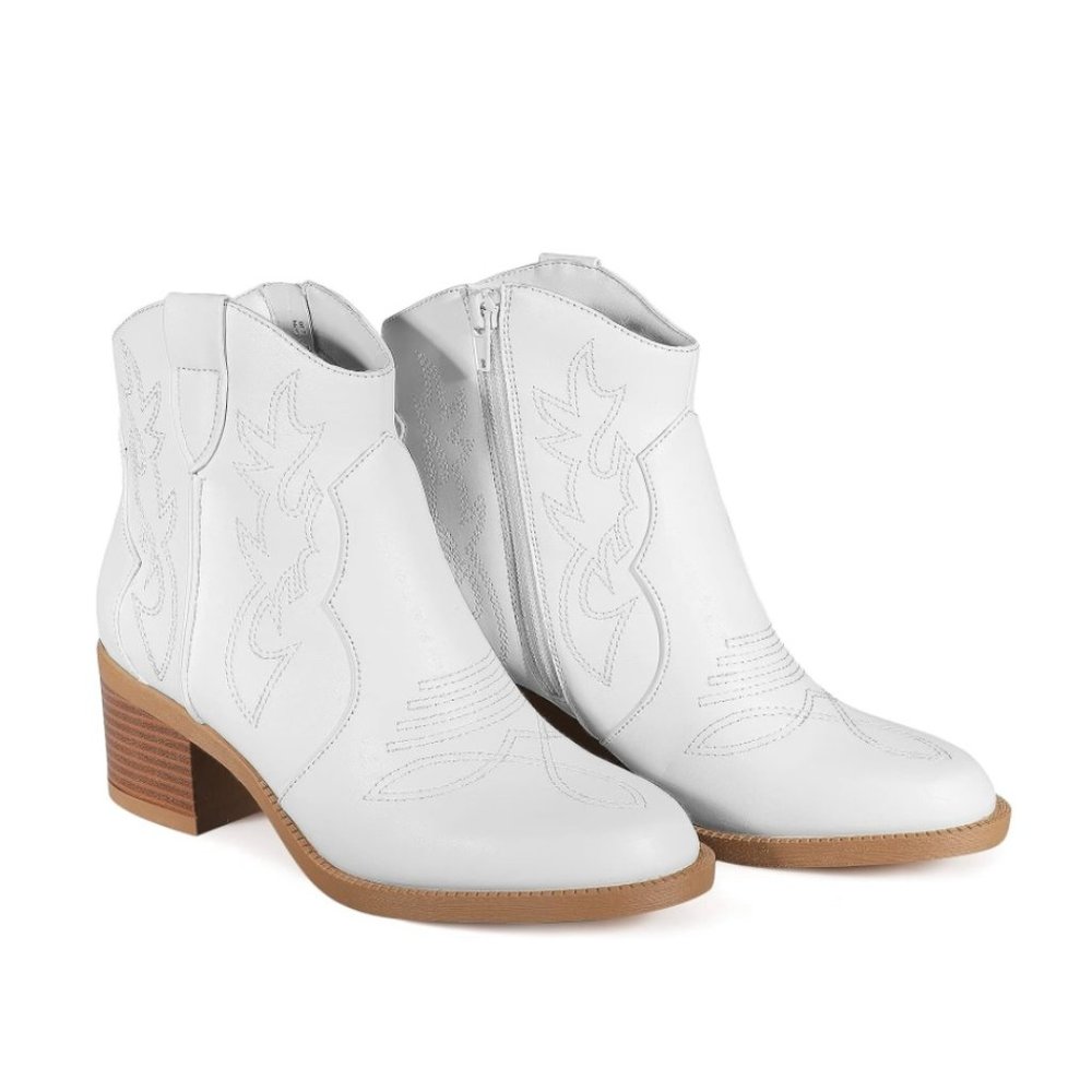 White Women's Cowboy Ankle Boots - Chunky Heel - Size 9.5